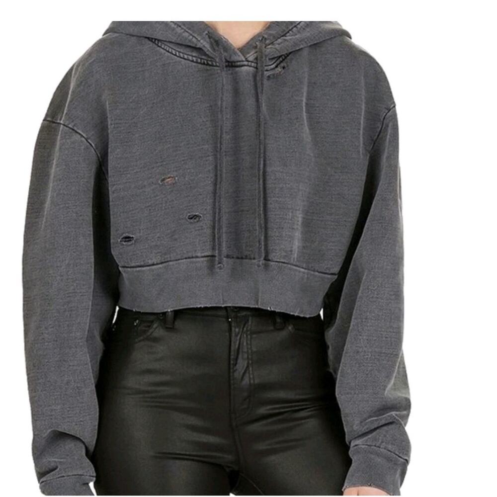 The Kooples Gray Cropped Distressed Hoodie NWT